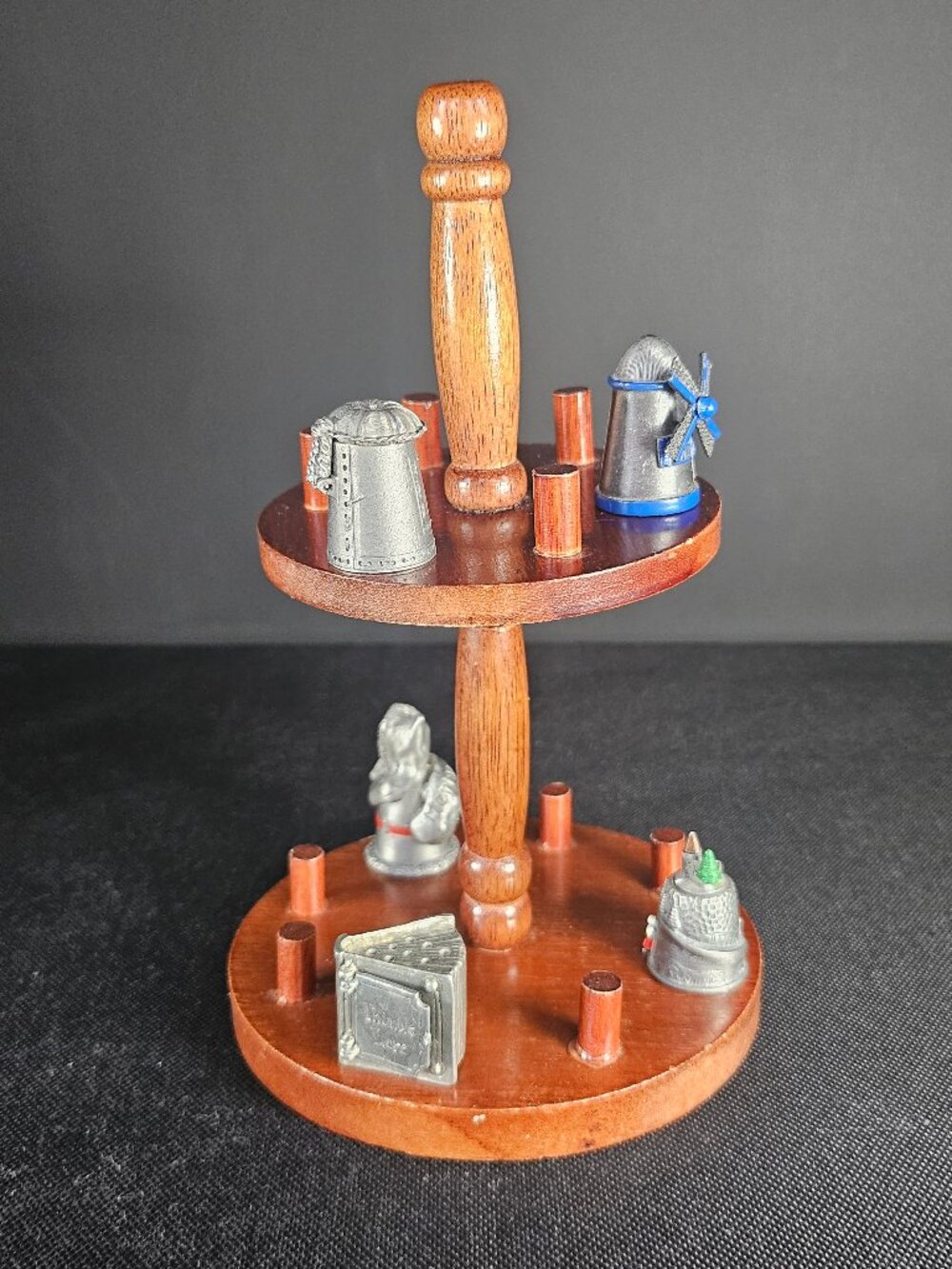 Vintage 2 Tier Retro Carousel Wood Sewing Thimble Organizer Stand 16 Peg Holder